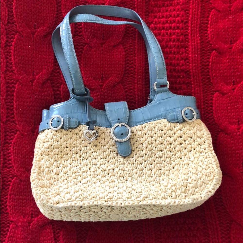 Brighton aqua leather and woven straw handbag